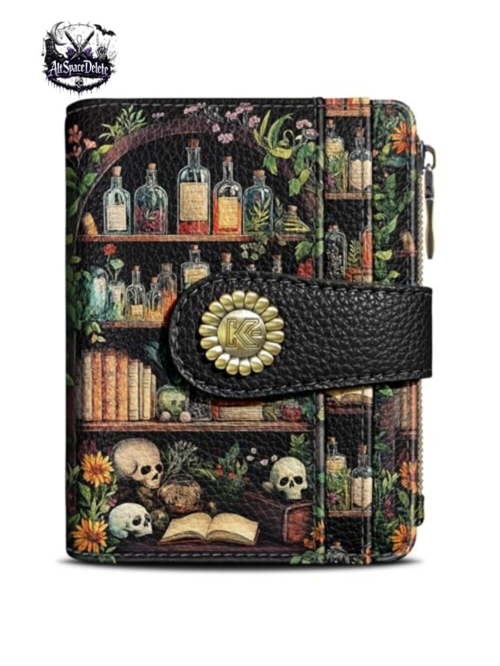 Goth Skull Bookshelf Small RFID Bifold Wallet Vegan PU Leather Zip